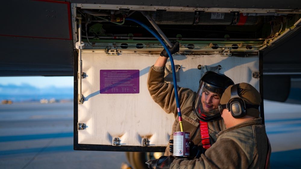 660th AMXS crew chiefs perform pre-flight inspection on KC-46A Pegasus