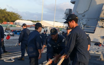 Sailors aboard the USS John Finn conduct a sea and anchor detail in Diego Garcia