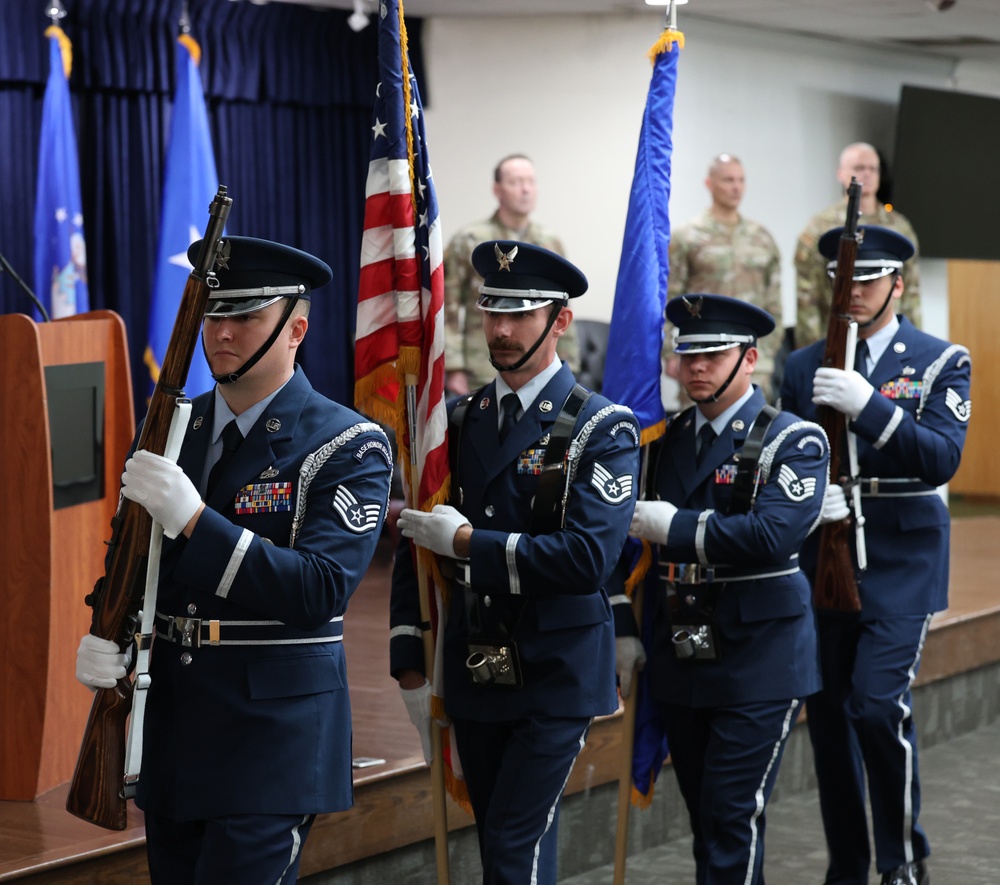 The Sheppard Air Force Base Honor Guard exits the 82nd Mission Support Group change of command