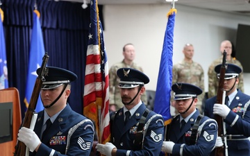 The Sheppard Air Force Base Honor Guard exits the 82nd Mission Support Group change of command