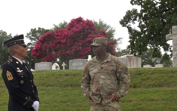 Command Sgt. Maj. David Harry greets retired 1st Sgt. Brian Paape - 2025 National Best Warrior