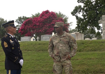 Command Sgt. Maj. David Harry greets retired 1st Sgt. Brian Paape - 2025 National Best Warrior