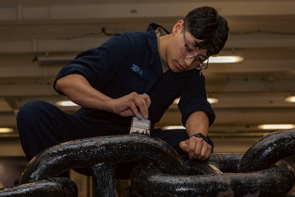 USS Gerald R. Ford (CVN 78) Sailor Conducts Maintenance