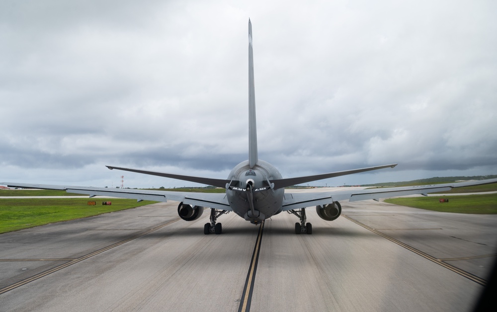 3-ship KC-46 formation departs Andersen AFB during DLE 25