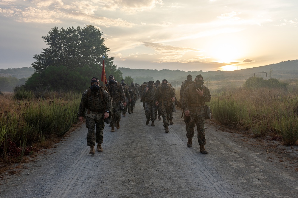 1st MARDIV HQ Bn. Marines participate in conditioning hike
