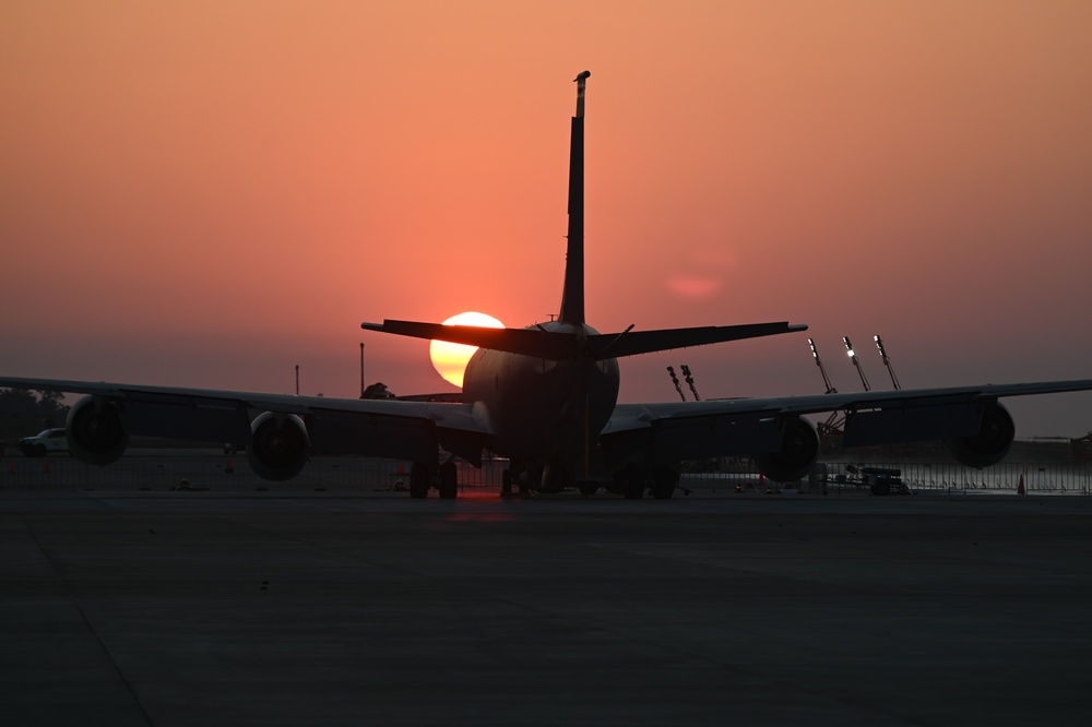 USAF KC-135s and a KC-46 await night flights during Talisman Sabre 25