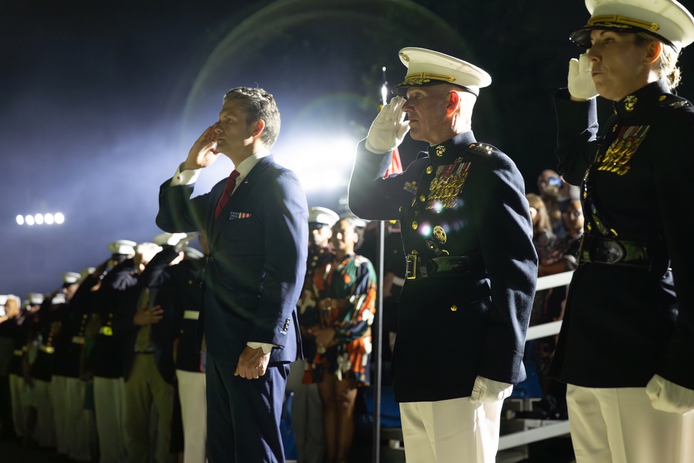 Commandant, Gen. Eric M. Smith hosts Secretary of Defense, Hon. Pete Hegseth for an Evening Parade at MBW