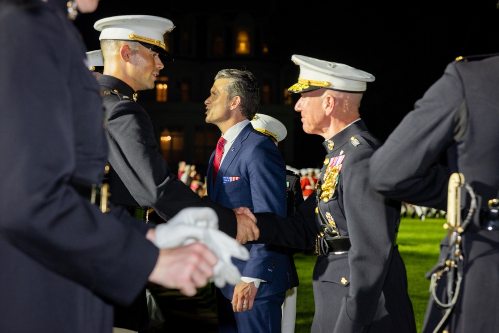 Commandant, Gen. Eric M. Smith hosts Secretary of Defense, Hon. Pete Hegseth for an Evening Parade at MBW