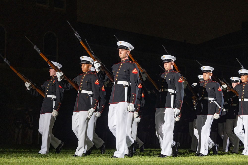 Commandant, Gen. Eric M. Smith hosts Secretary of Defense, Hon. Pete Hegseth for an Evening Parade at MBW