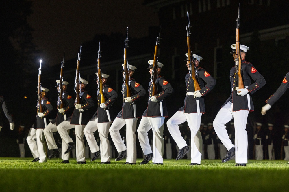 Commandant, Gen. Eric M. Smith hosts Secretary of Defense, Hon. Pete Hegseth for an Evening Parade at MBW