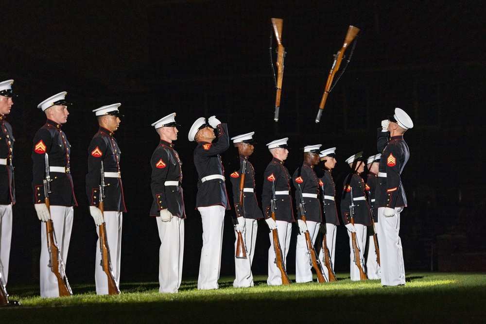 Commandant, Gen. Eric M. Smith hosts Secretary of Defense, Hon. Pete Hegseth for an Evening Parade at MBW