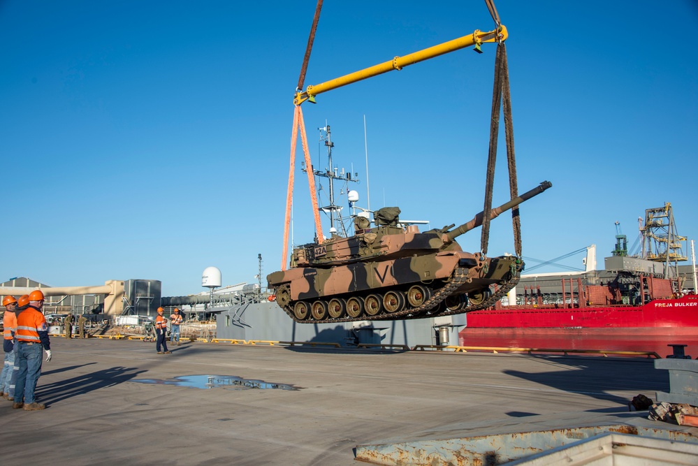 Australian tanks aboard a U.S. Army watercraft