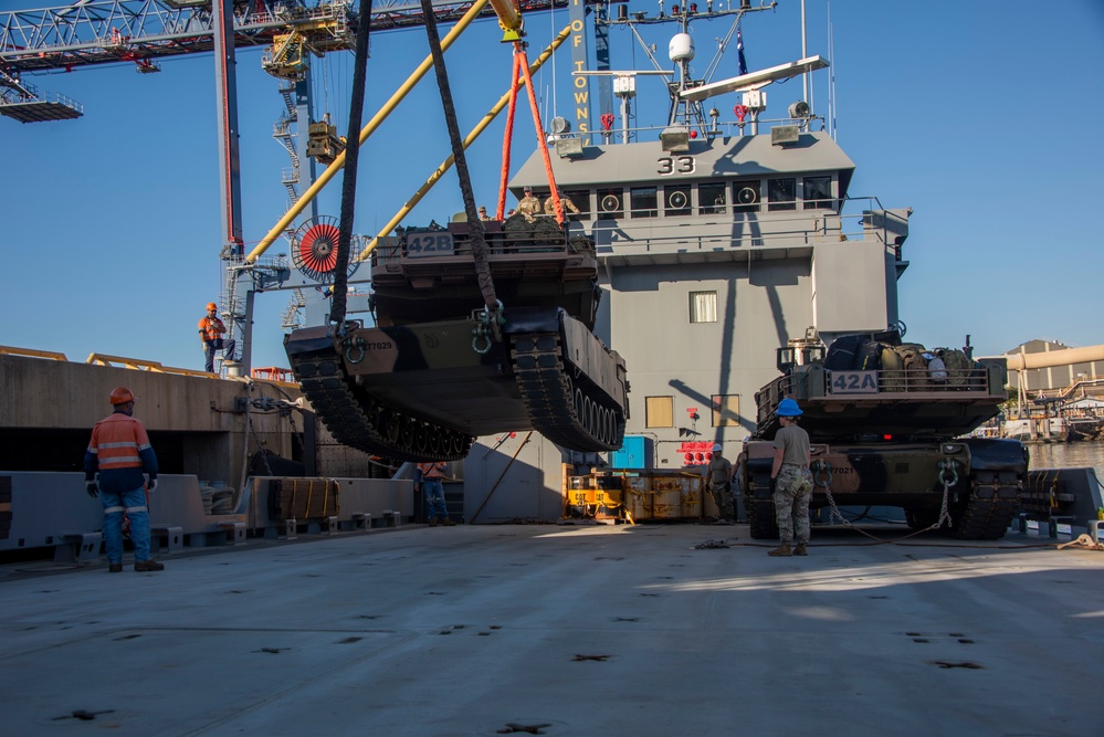 Australian tanks aboard a U.S. Army watercraft