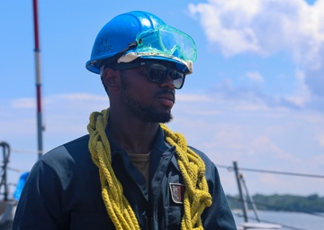 BMSN Dewan Henry gathers heaving lines during a sea-and-anchor detail