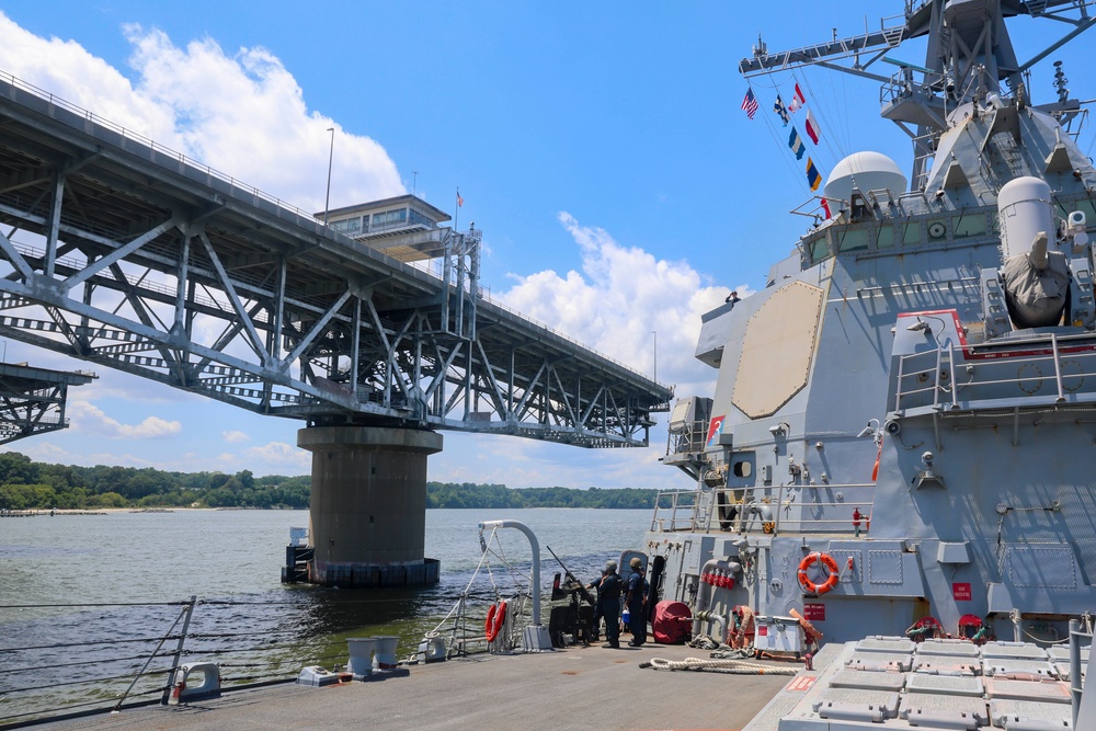 USS Bulkeley (DDG 84) traverses under the double-swing Coleman Memorial Bridge on the York River