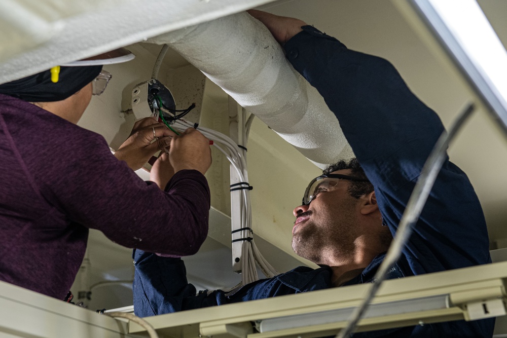 Headline: Ronald Reagan Sailors and Contractors Conduct Maintenance