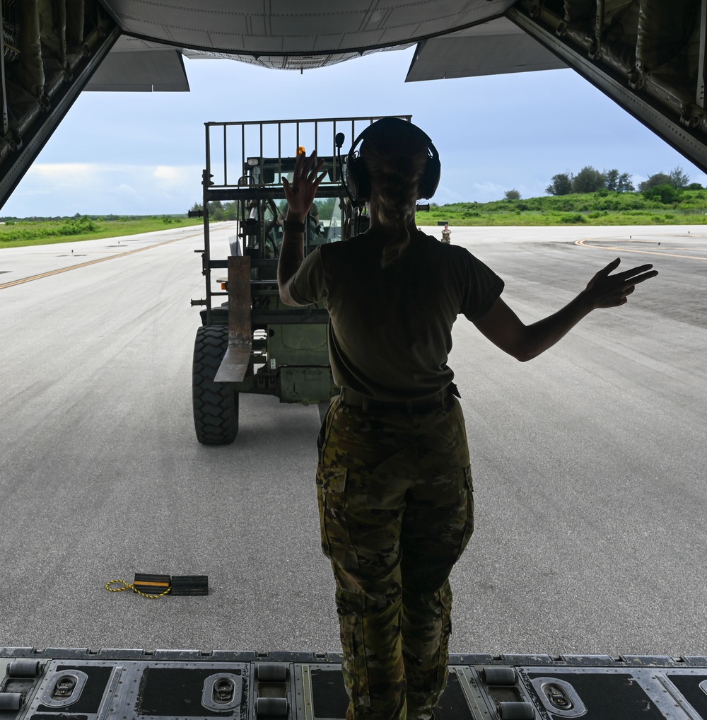 Airmen transport, offload cargo in support of DLE series operations in Tinian