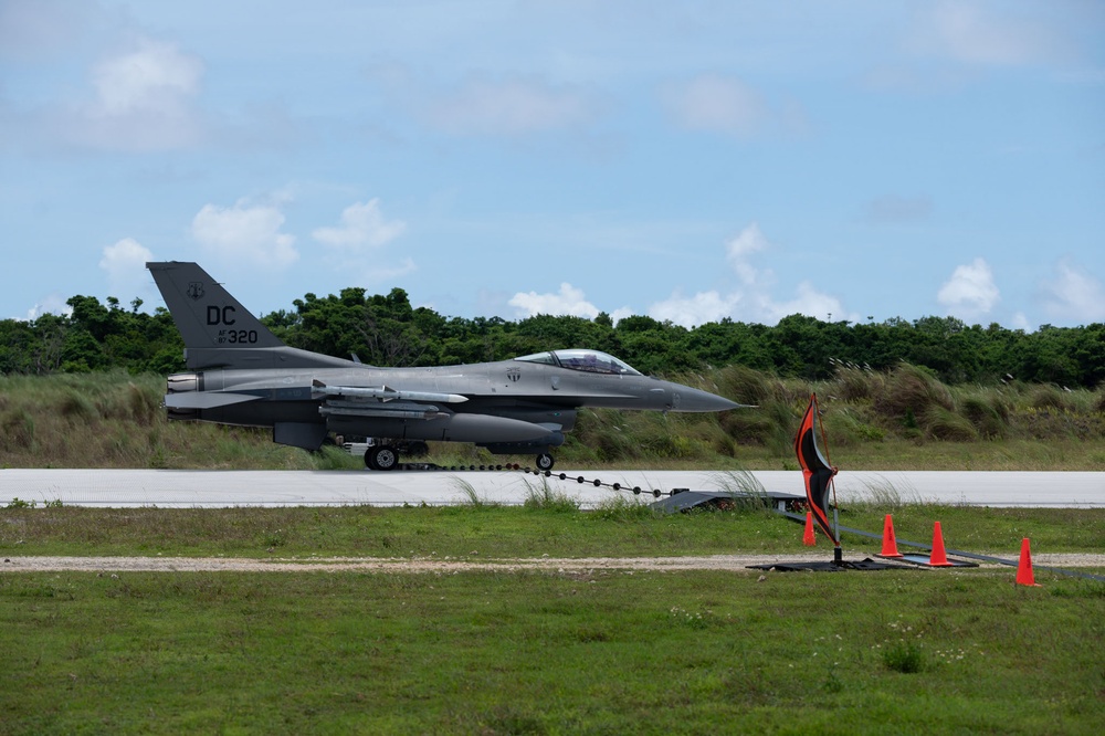 U.S. D.C. Air National Guard F-16 Fighting Falcons assigned to the 121st Fighter Squadron, Joint Base Andrews, Maryland, participate in exercise Resolute Force Pacific