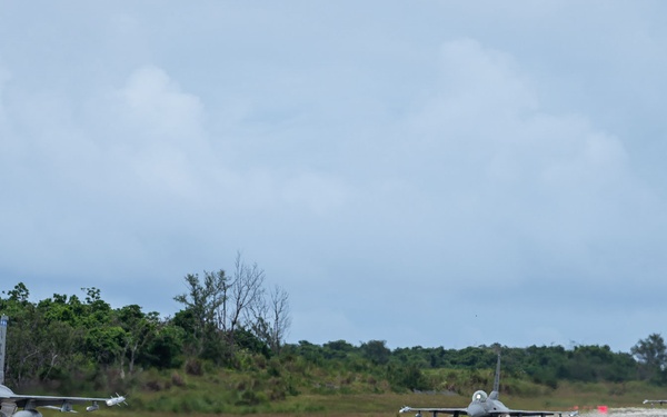 U.S. D.C. Air National Guard F-16 Fighting Falcons assigned to the 121st Fighter Squadron, Joint Base Andrews, Maryland, participate in exercise Resolute Force Pacific