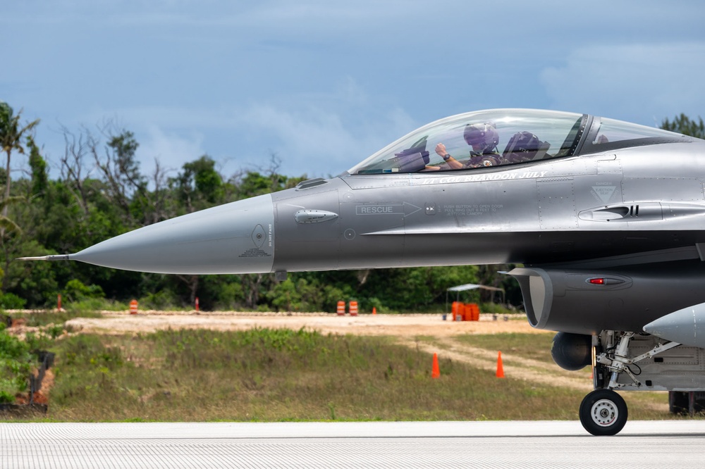 U.S. D.C. Air National Guard F-16 Fighting Falcons assigned to the 121st Fighter Squadron, Joint Base Andrews, Maryland, participate in exercise Resolute Force Pacific