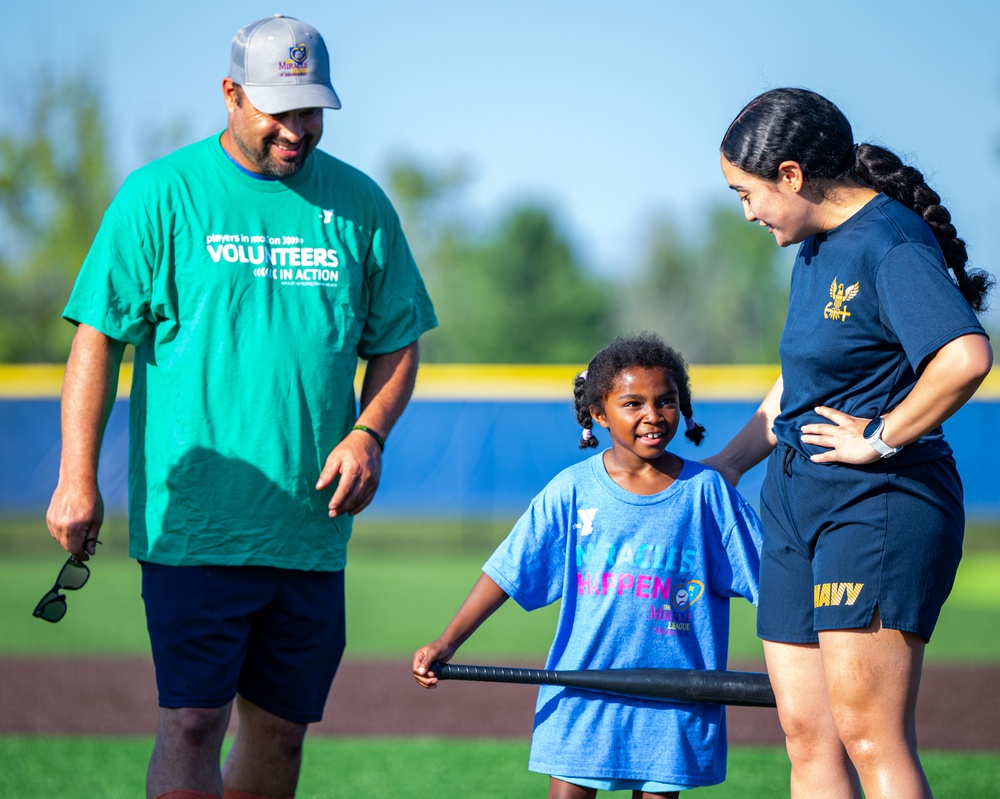 Sailors play baseball with local children during Navy Week Milwaukee 2025