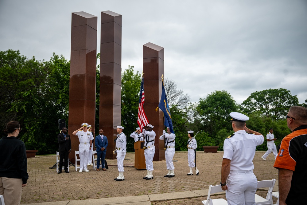 Sailors participate in a ceremony at the Milwaukee Vietnam Veterans Memorial during Navy Week Milwaukee 2025