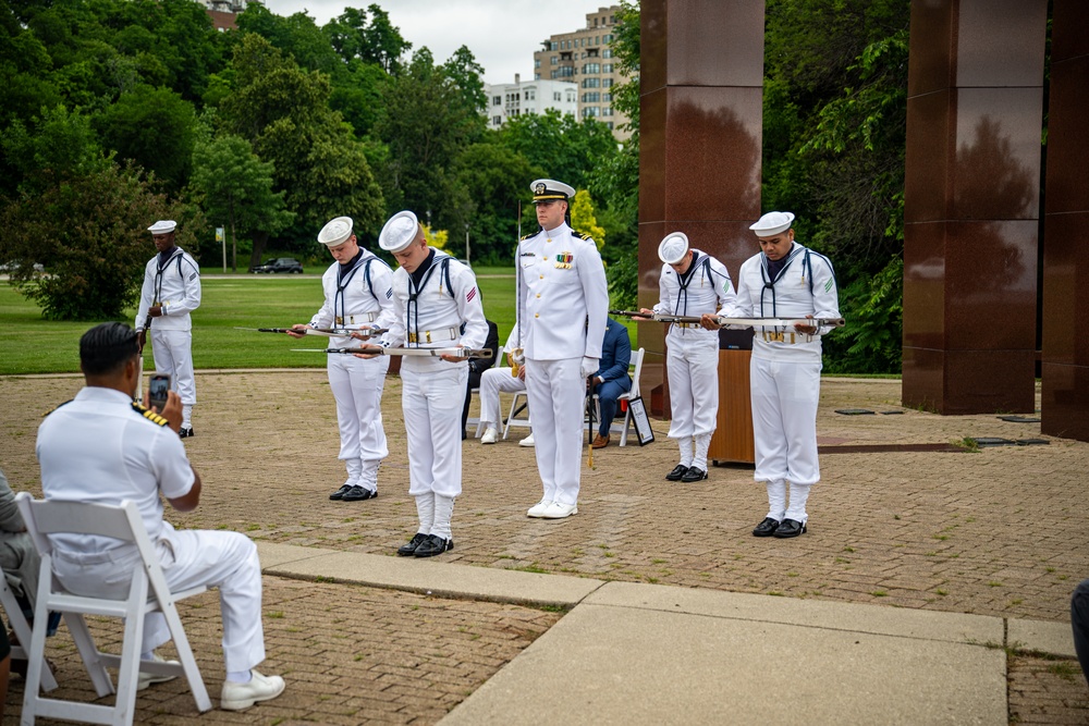 Sailors participate in a ceremony at the Milwaukee Vietnam Veterans Memorial during Navy Week Milwaukee 2025