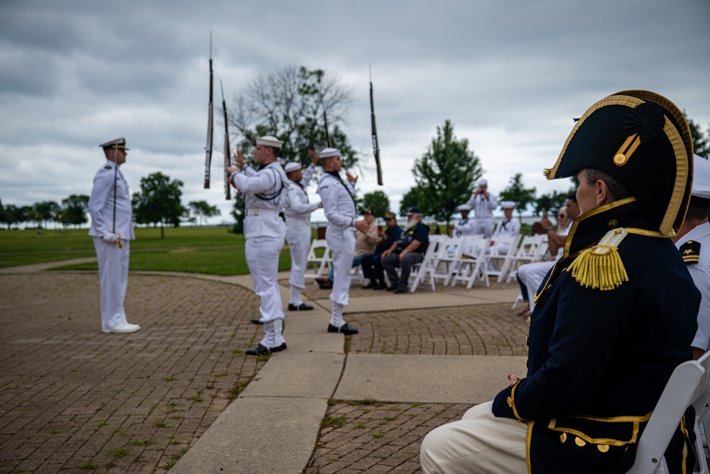 Sailors participate in a ceremony at the Milwaukee Vietnam Veterans Memorial during Navy Week Milwaukee 2025