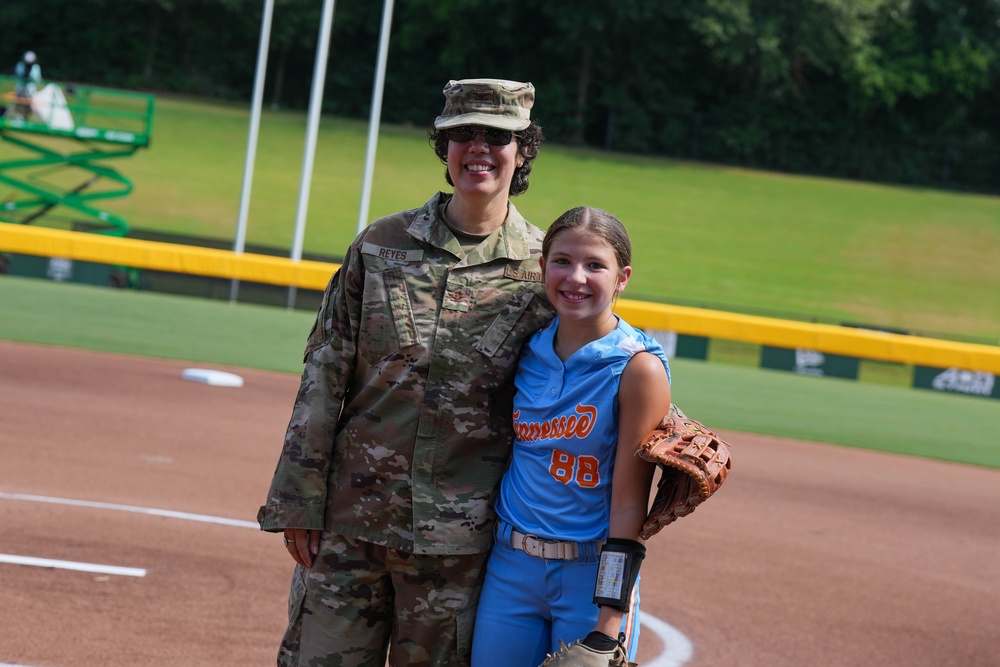Col. Kerya Reyes throws first pitch in Little League Softball Southeast Tournament