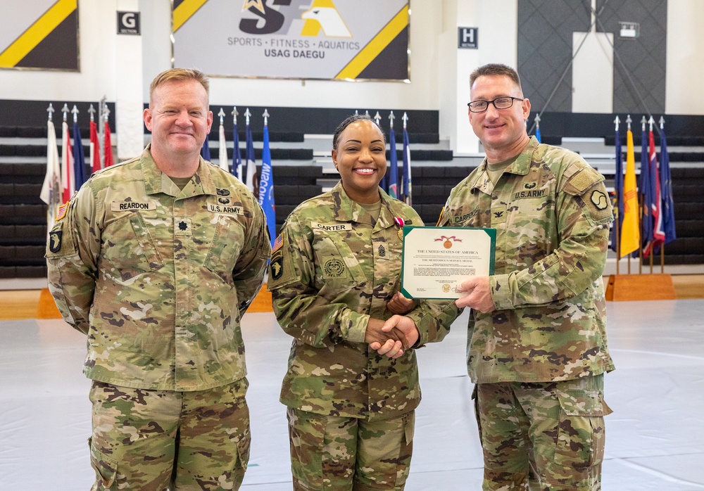 Command Sgt. Maj. Tougbay B. Zarzar officially assumed responsibility for the 498th Combat Sustainment Support Battalion (CSSB), succeeding Command Sgt. Maj. Veronica S. Carter at the Camp Carroll Fitness Center on Jul. 23.