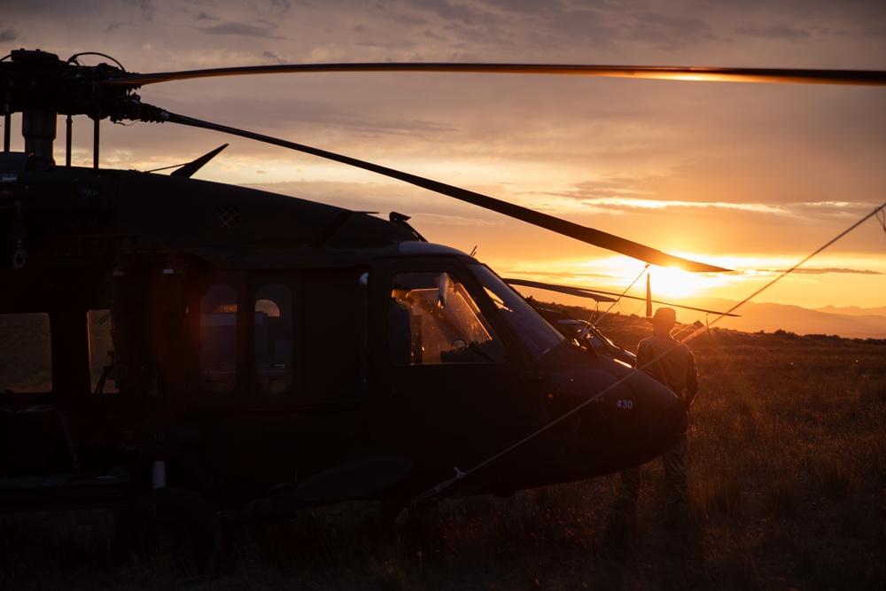 Washington National Guard Black Hawk helicopters at sunset