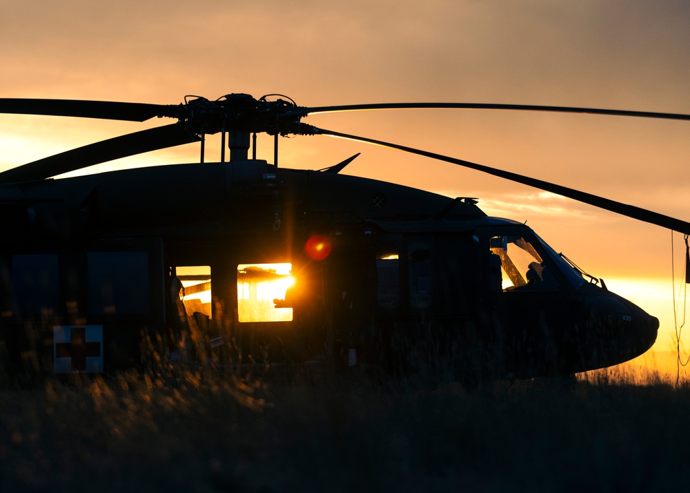Washington National Guard Black Hawk helicopters at sunset