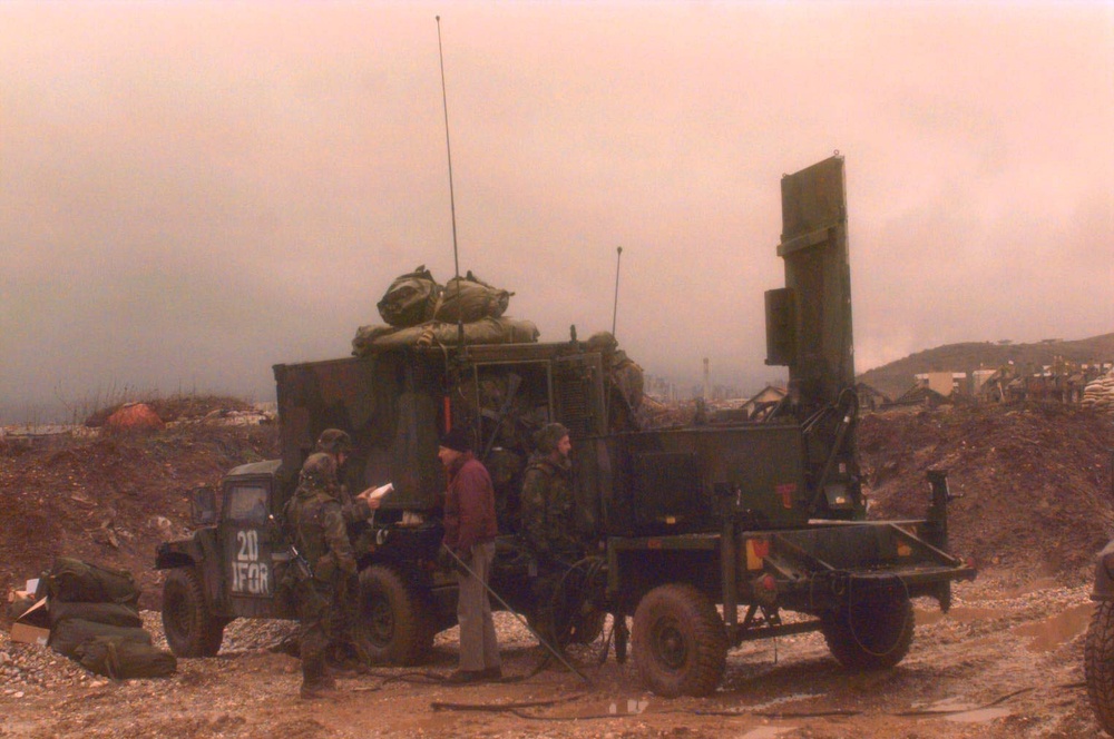 U.S. Army soldiers check a AN/TPQ-36 Fire Finder Radar at Sarajevo, Bosnia and Herzegovina.