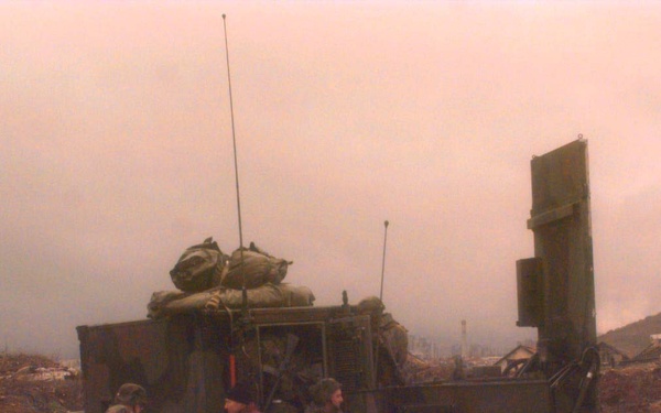 U.S. Army soldiers check a AN/TPQ-36 Fire Finder Radar at Sarajevo, Bosnia and Herzegovina.