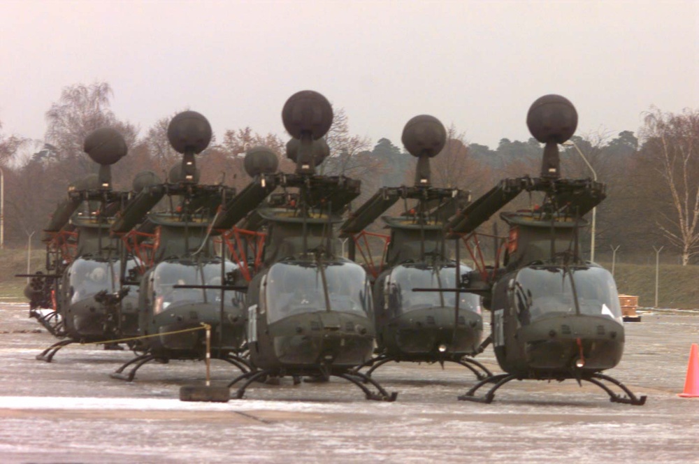 U.S. Army OH-58D Kiowa Warrior helicopters are staged for Operation Joint Endeavor.