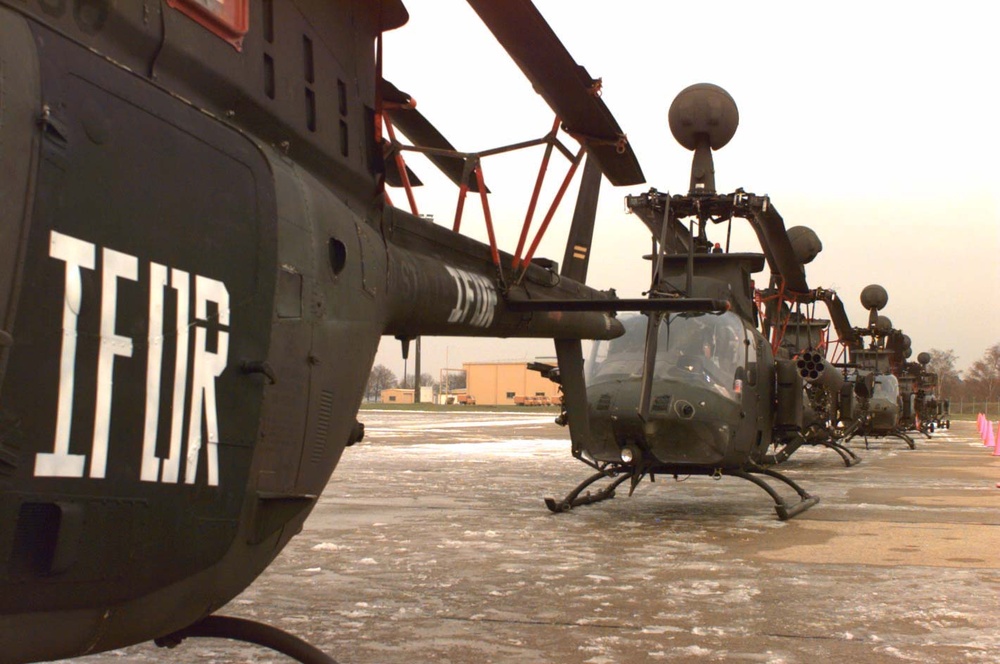 U.S. Army OH-58D Kiowa Warrior helicopters are staged at Rhein Main Air Base, Germany.