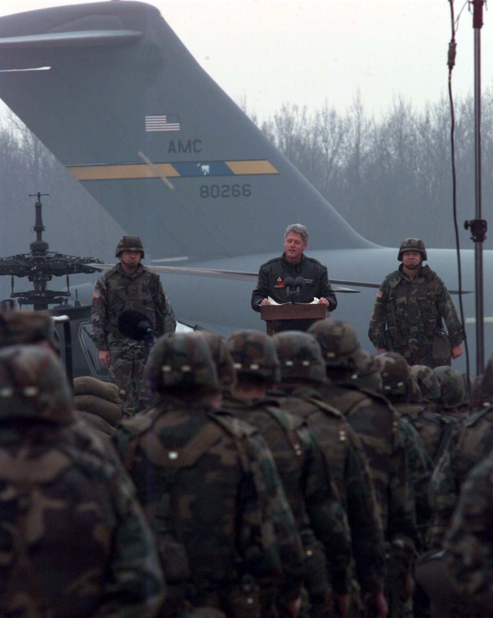President Bill Clinton speaks to U.S. troops deployed to Tuzla Air Base, Bosnia and Herzegovina.