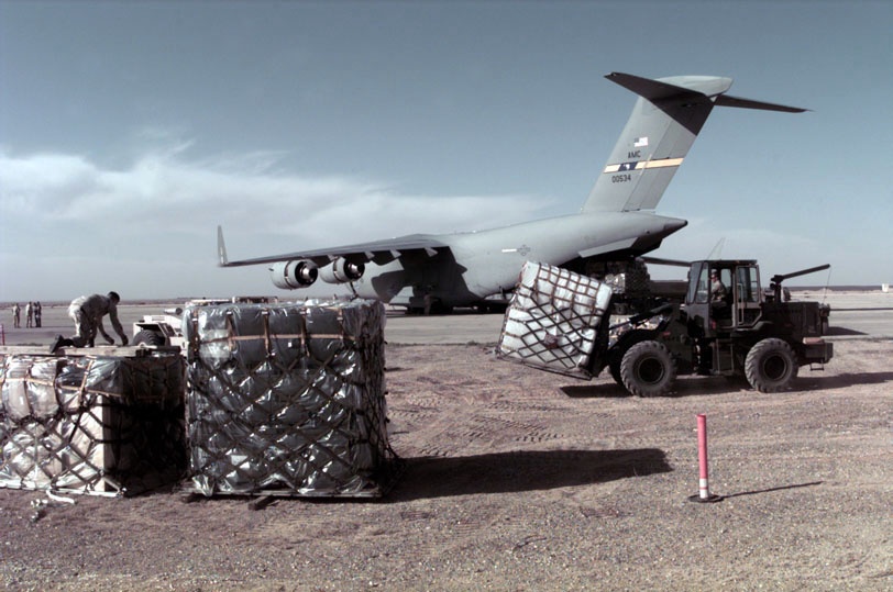 621st Aerial Port Squadron unloads a C-17 at a Jordanian Air Force Base.