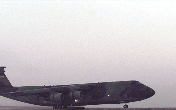 U.S. Air Force C-5A Galaxy lands at Azraq Air Force Base, Jordan.