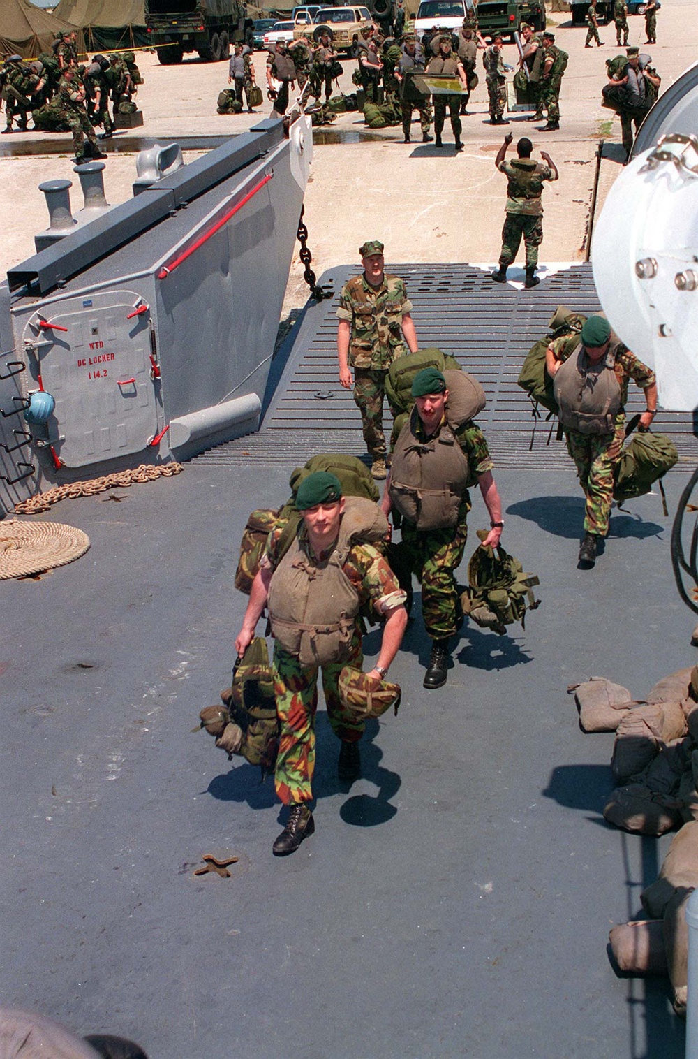 British Royal Marines board a U.S. Navy Landing Craft for Combined Joint Task Force Exercise 96.