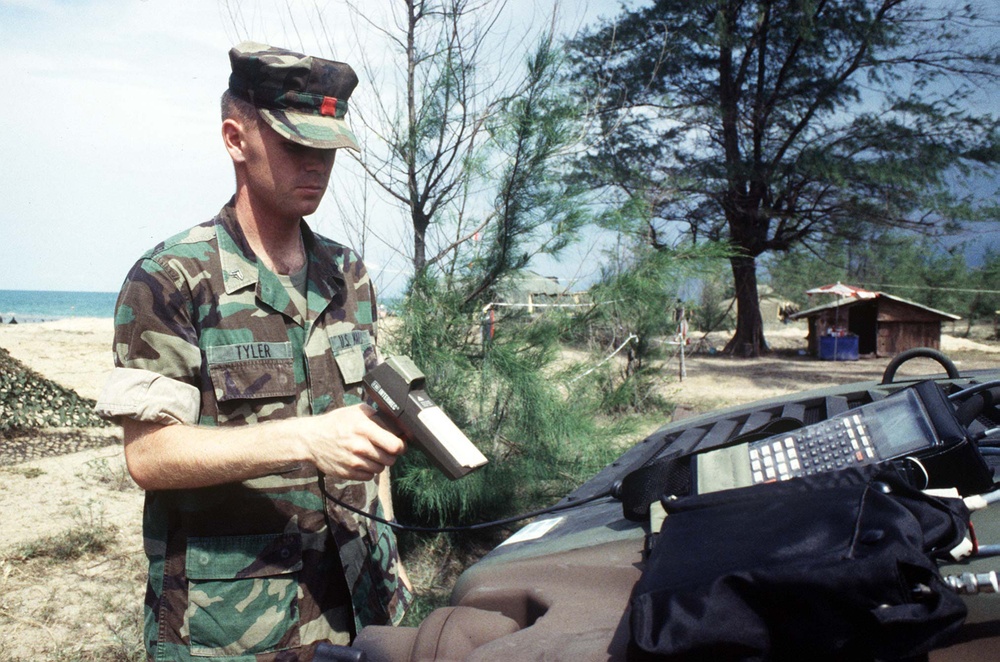 A Humvee is inventoried on the beach at Narathiwat, Thailand.