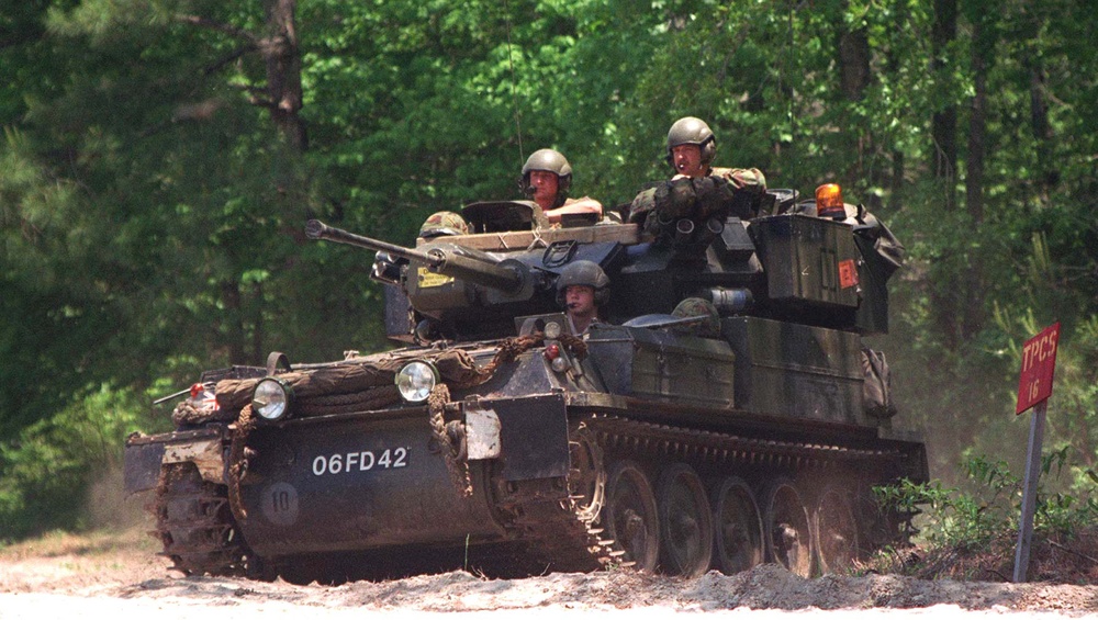 A British Royal Marine Scorpion sits in a hide site during an assault at Camp Lejeune.