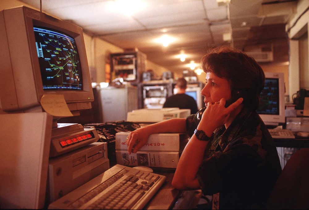 1st Lt. Cindy Krausch monitors her computer screen in the command center at Fort Bliss.