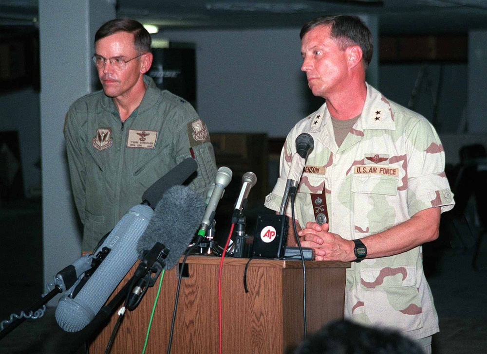 U.S. Air Force Brig. Gen. Schwalier and Maj. Gen. Anderson take questions about Khobar Towers from reporters.