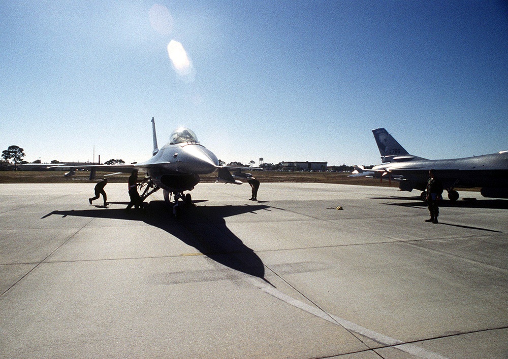 A F-16 Fighting Falcon prepares to taxi out for take-off from Tyndall Air Force Base.