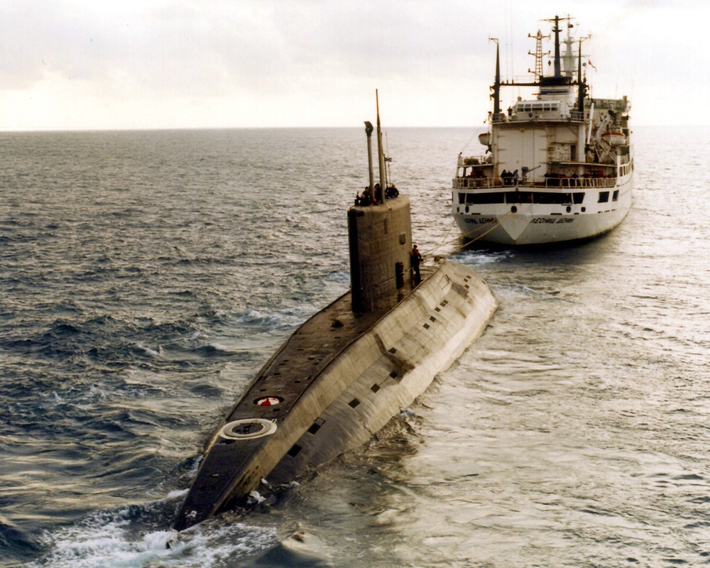 A Russian-built submarine purchased by Iran is towed in the Mediterranean Sea.