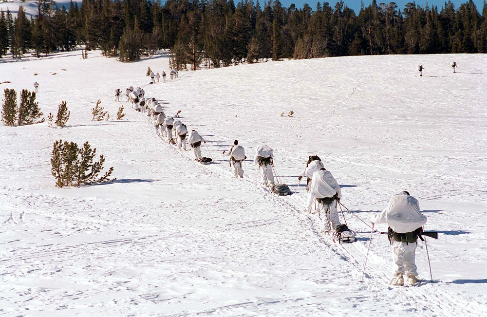 U.S. Marines patrol on snow shoes at the Mountain Warfare Training Center.