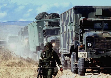 Vehicles of a Patriot missile battery are ground-guided to their next site.