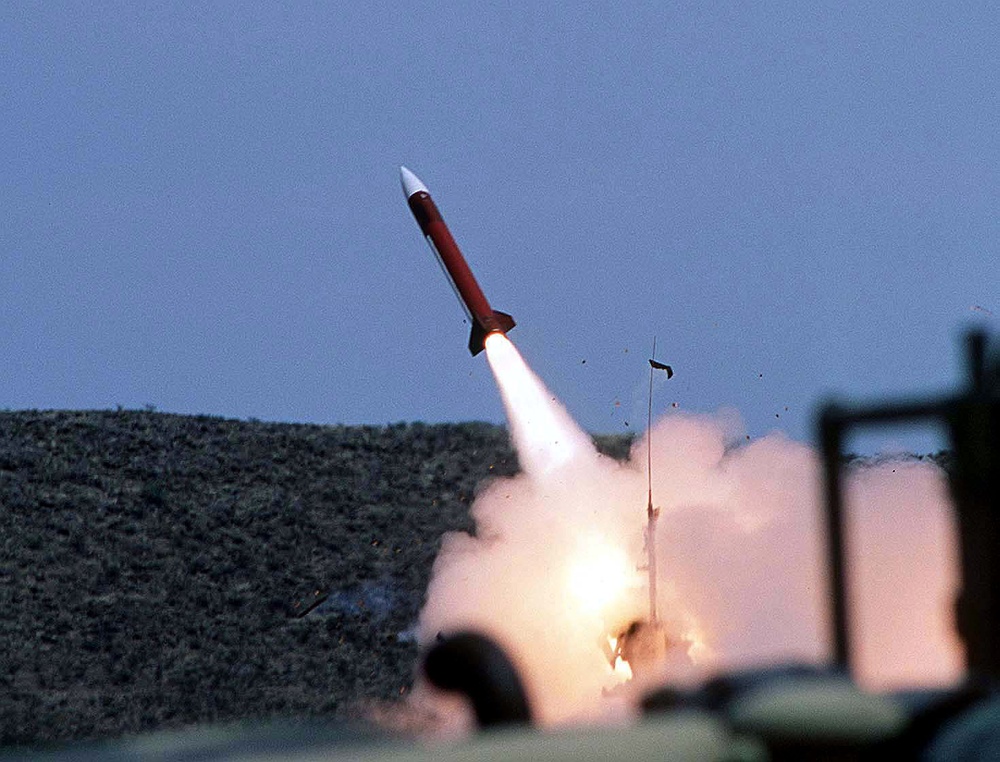 A Patriot missile roars off the launch pad during Exercise Roving Sands '97.