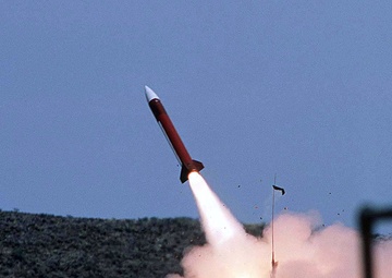A Patriot missile roars off the launch pad during Exercise Roving Sands '97.
